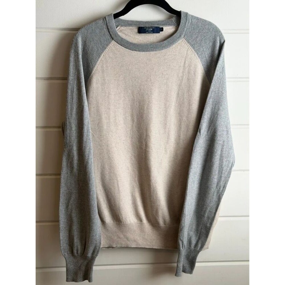 J.Crew Cashmere Cotton Baseball Crewneck Sweater Grey Beige Men’s Medium